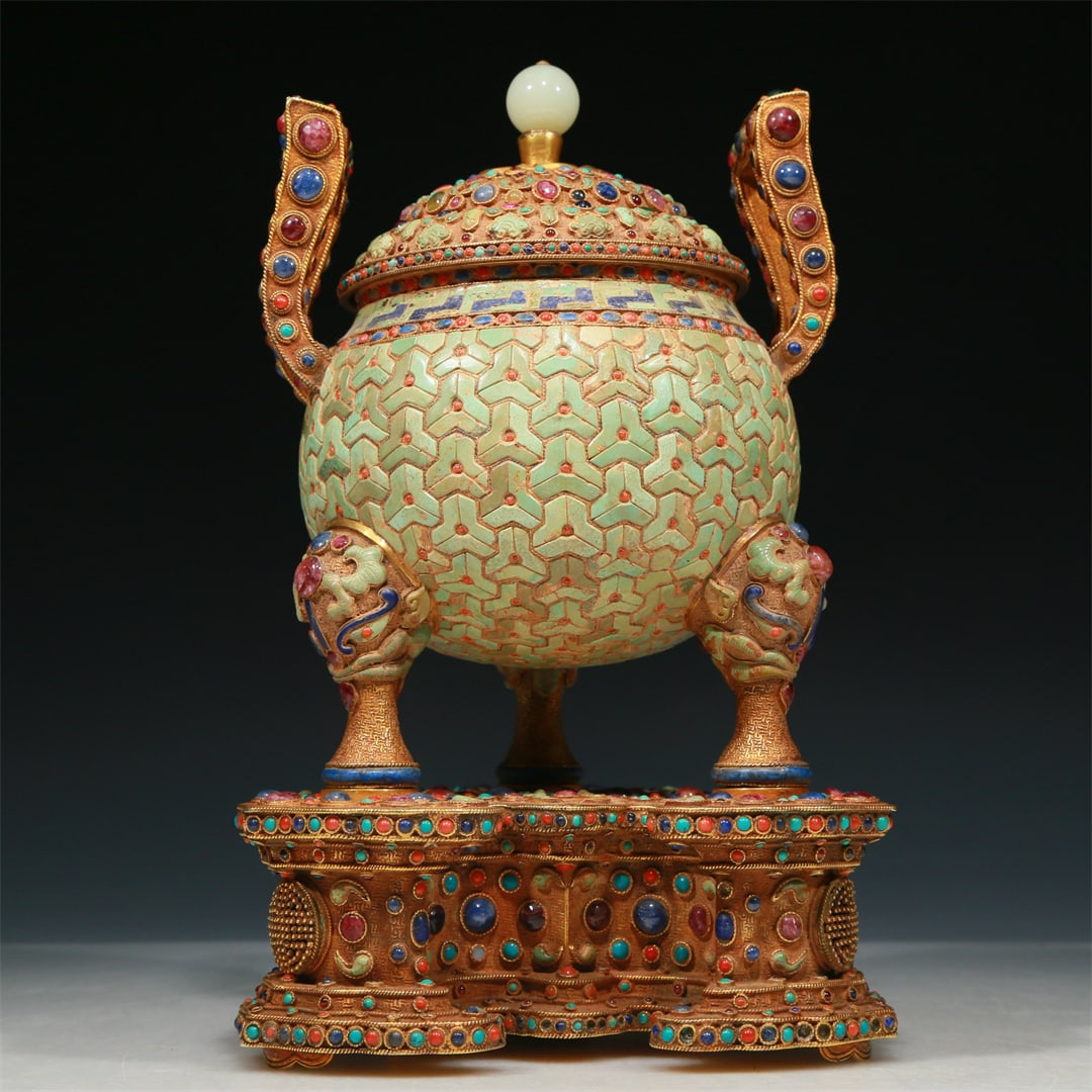 A Precious Imperial Gilt-Bronze Gem-Inlaid 'Animal Mask' Tripod Censer And Cover (1 of 13)