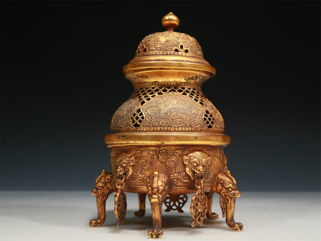A Brilliant Gilt-Bronze 'Scrolling Lotus& Auspicious Beast' Censer (1 of 6)