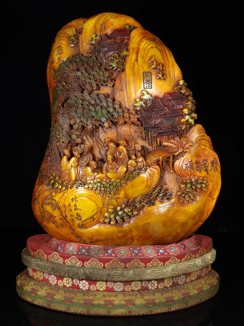 An Exquisite Shoushan Stone Painted Color Landscape and Figure Pattern Seal Ornament (1 of 9)