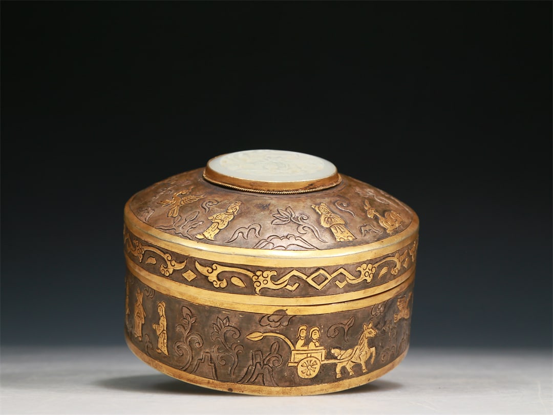 A Brilliant Gilt-Bronze Silver White Jade-Inlaid 'Flower& Figure' Box (1 of 7)