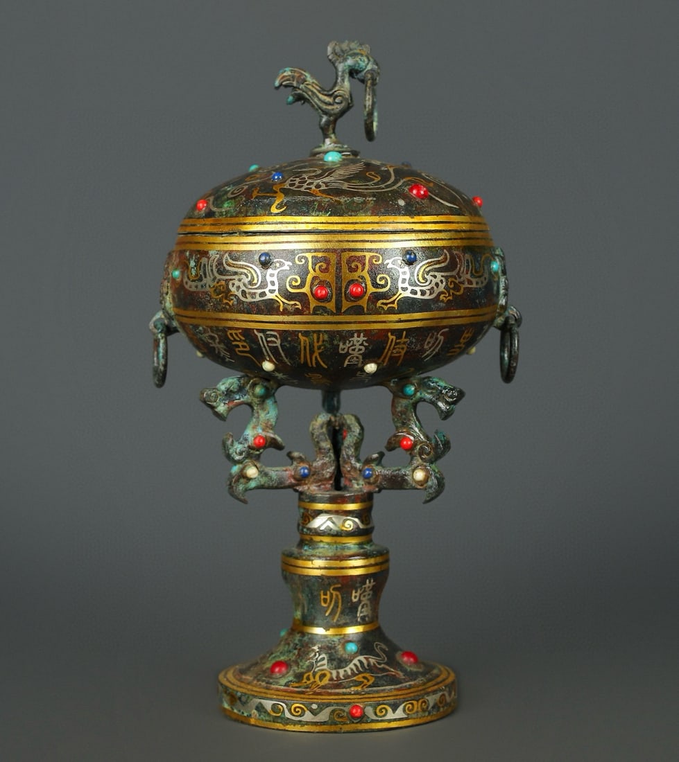 An Exquisite Bronze Inlaid Gold and Silver Inlaid Turquoise Dragon and Phoenix Pattern With (1 of 10)