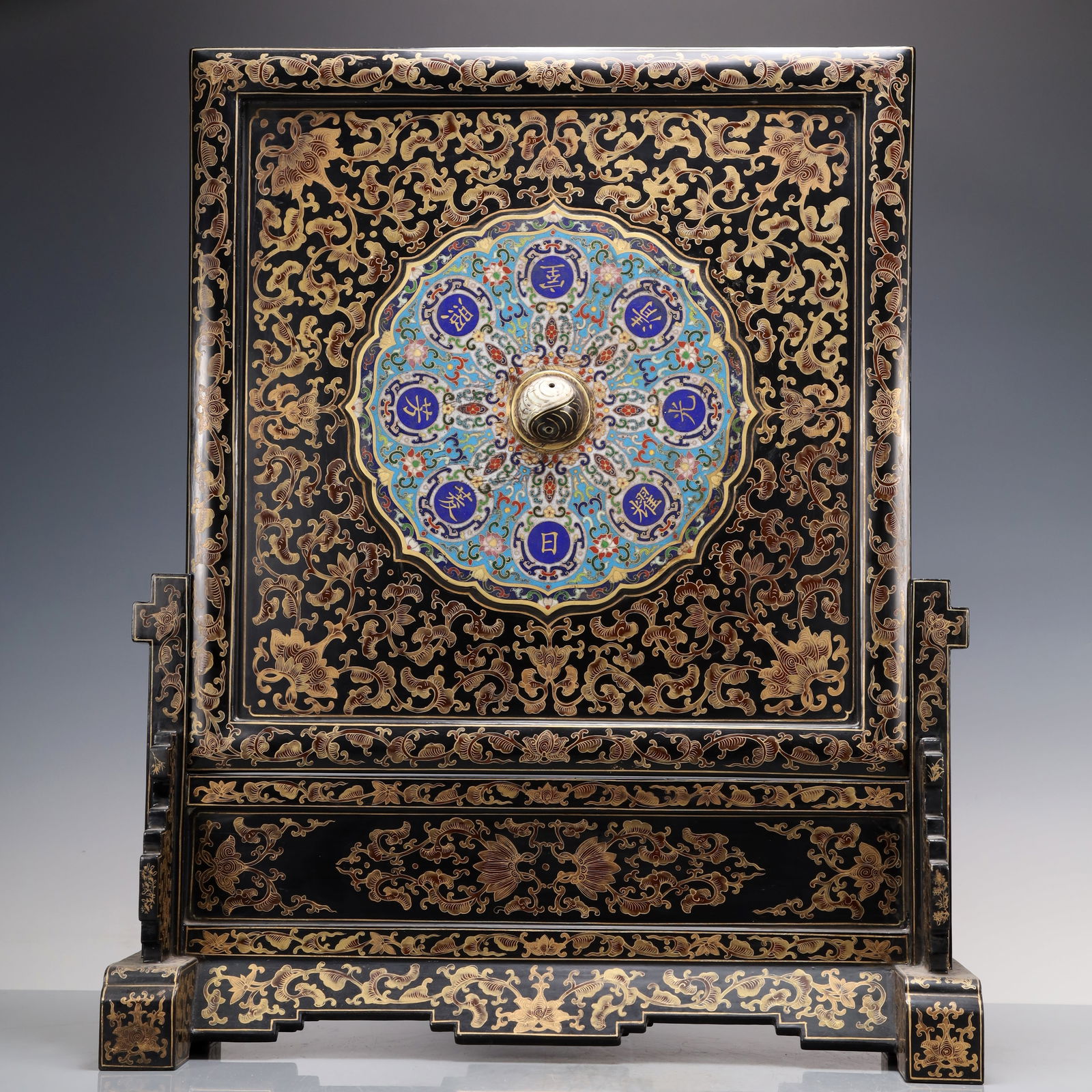 A Exquisite Carved Red Lacquer Inlaid Cloisonne Landscape and Figure Pattern Screen (1 of 13)