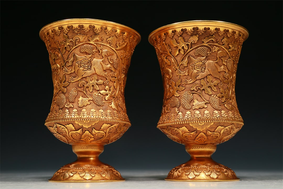 A Precious Pair Of Gilt-Bronze 'Flower& Auspicious Beast' Cups (1 of 6)