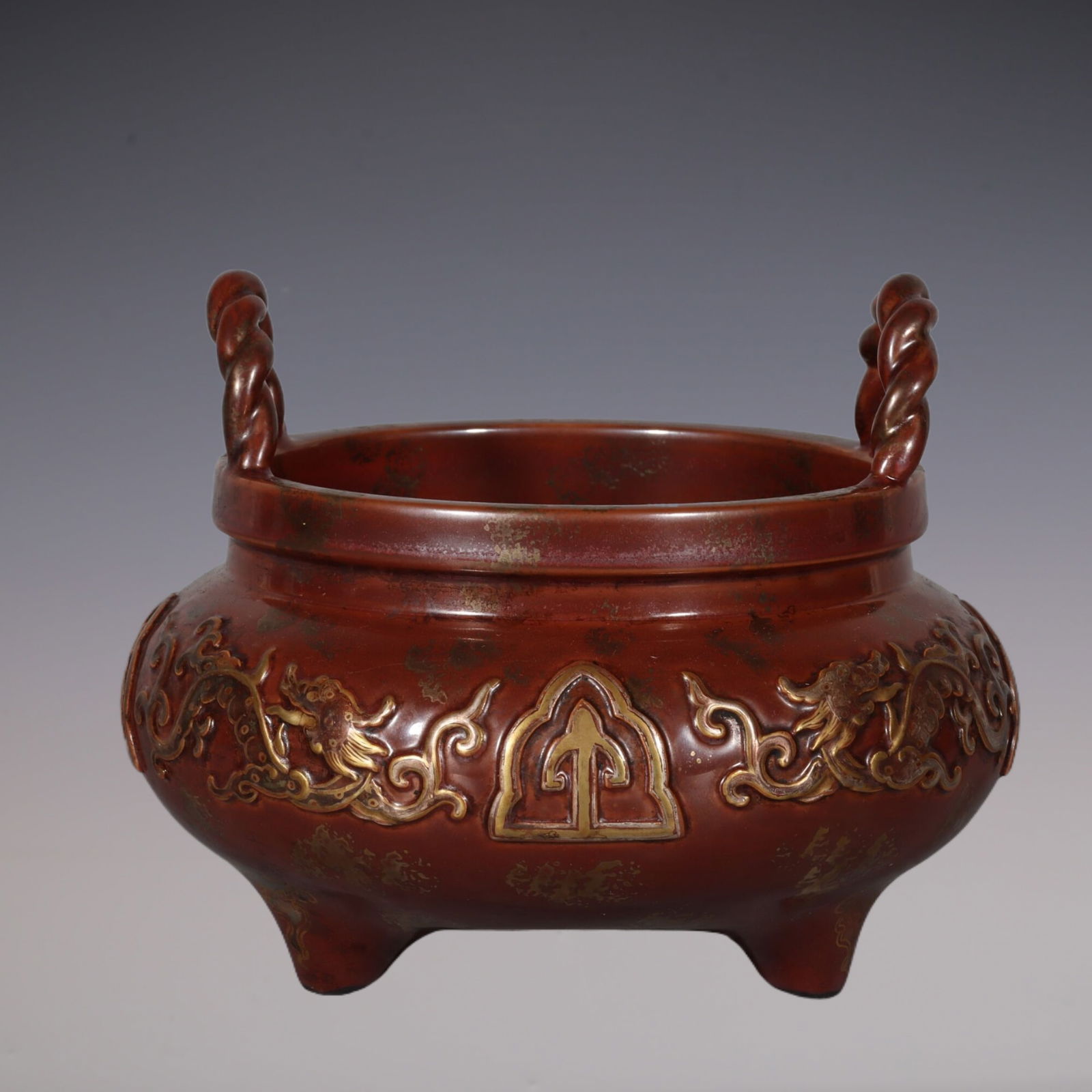 An Exquisite Red Glazed Painted Gold Dragon Pattern Double-Ears and Tripod Censer (1 of 8)