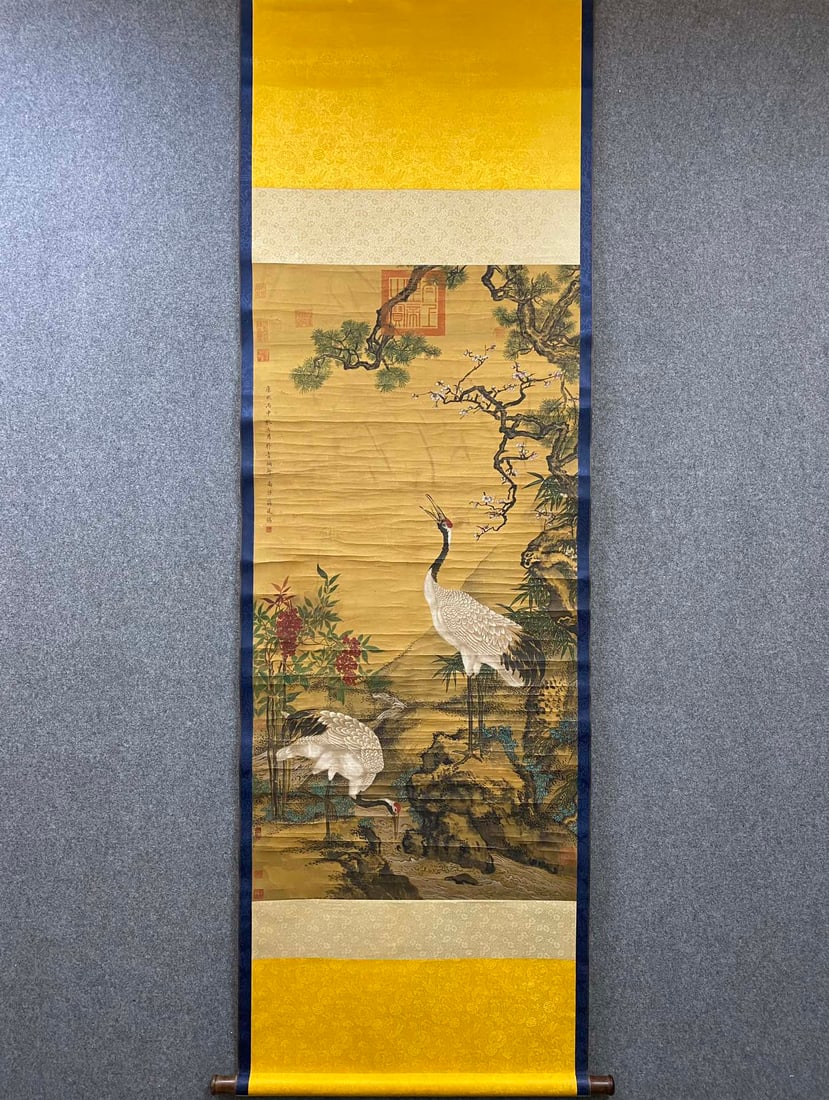 A Chinese Vertical Scroll Ink Painting of Pine and Crane on Silk (1 of 9)