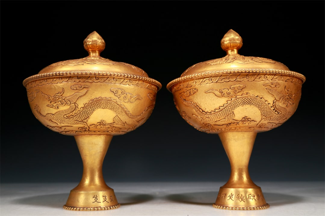 A Magnificent Pair Of Gilt-Bronze 'Dragon& Auspicious Cloud' Stem-Bowls With Inscriptions (1 of 5)