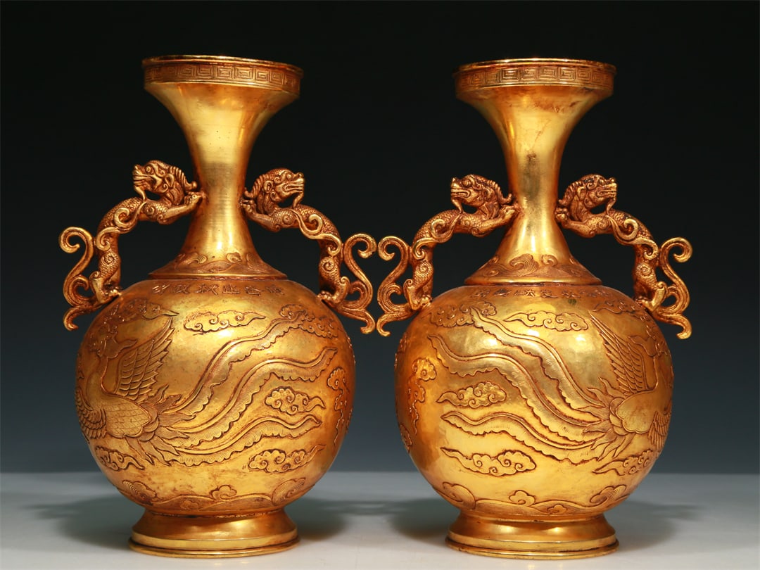 A Gorgeous Pair Of Gilt-Bronze 'Auspicious Cloud& Phoenix' Beast-Handled Vases With Inscriptions (1 of 9)