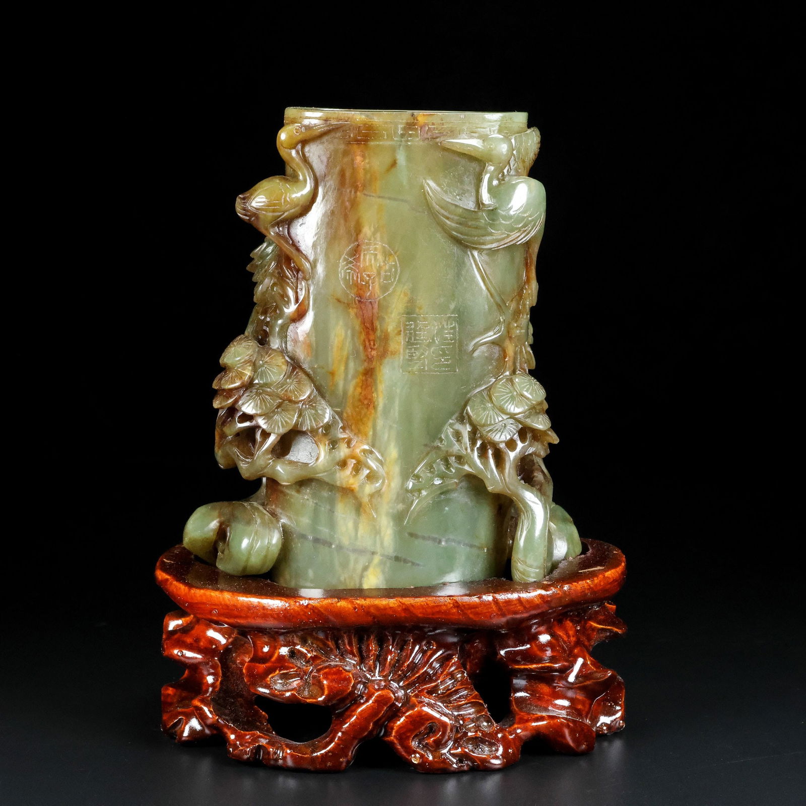 An Exquisite White Jade Pine and Crane Pattern Brush Pot Ornament (1 of 9)