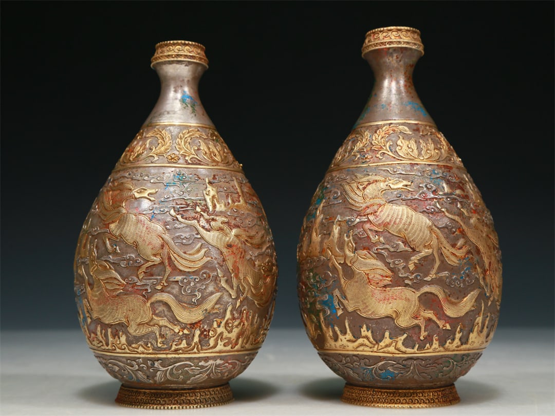 A Brilliant Gilt-Bronze Silver 'Ocean& Auspicious Beast' Vases (1 of 6)