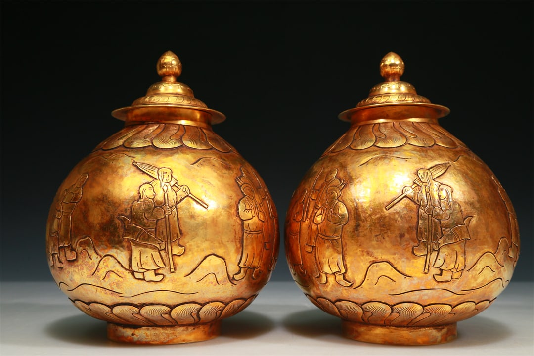 A Brilliant Pair Of Gilt-Bronze 'Figure' Jars With Inscriptions (1 of 8)