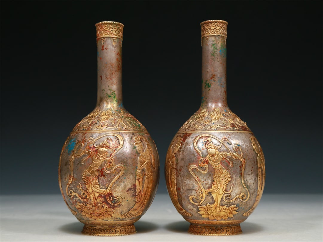 A Brilliant Pair Of Gilt-Bronze Silver 'Figure& Flower' Vases (1 of 6)