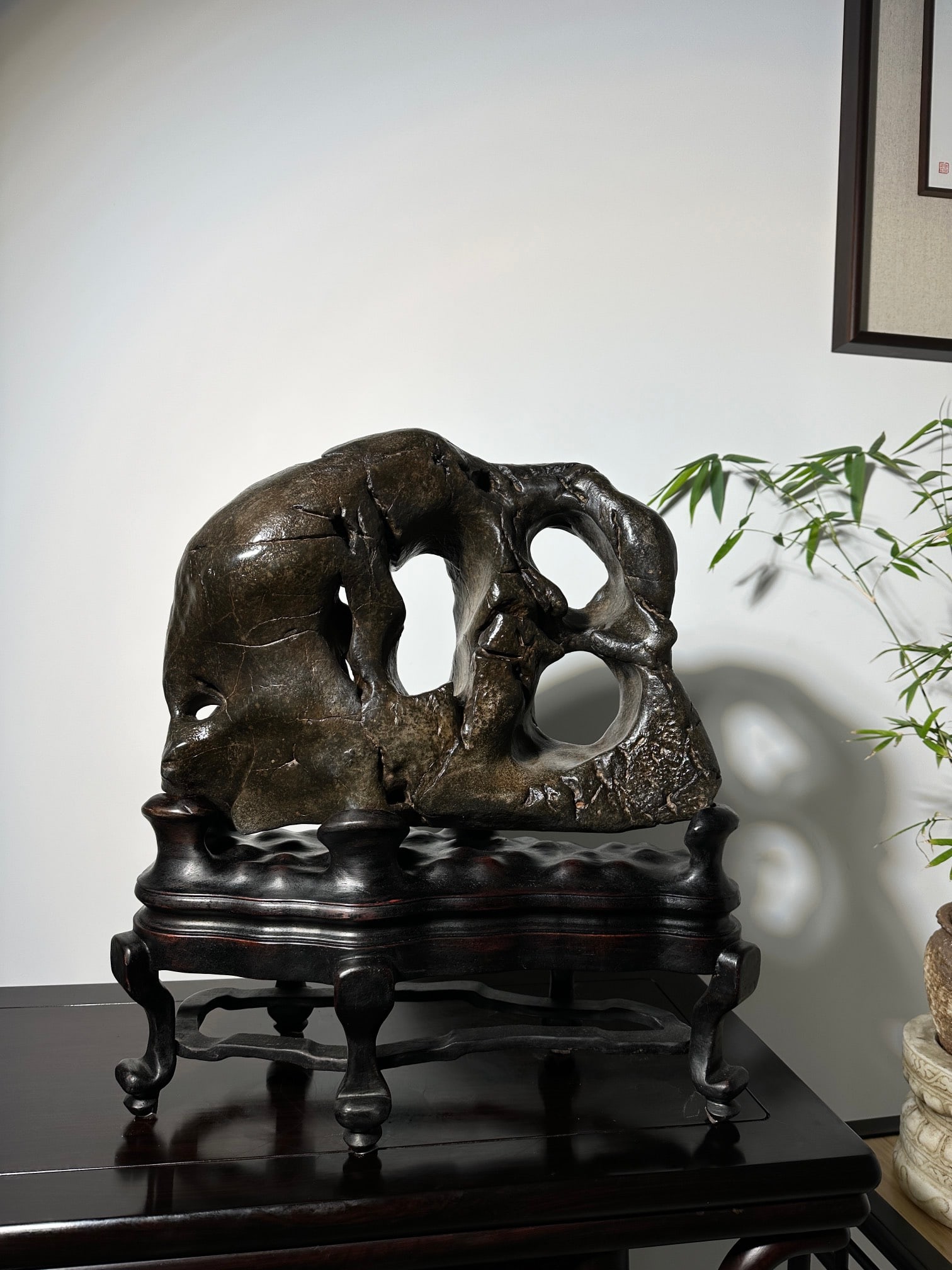 An Exquisite Taihu Stone Ornament: An Exquisite Taihu Stone Ornament Qing Dynasty, China Size:50cmx48cmx20cm (The Dimensions Of All Batches Are Manually Measured.If You Need More Detailed Information, Please Contact Our Customer Servic