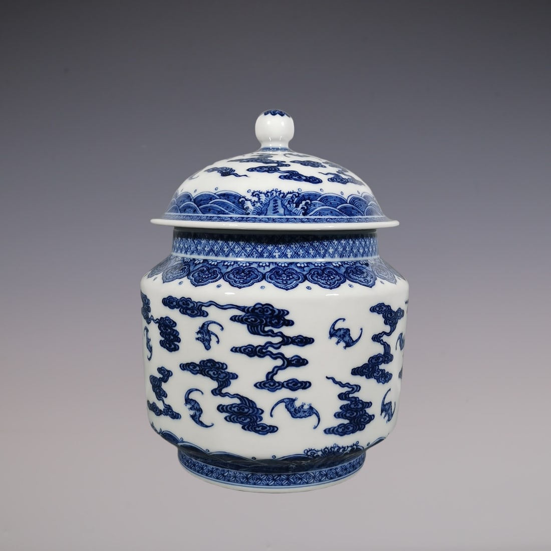 An Exquisite Blue and White Bats Pattern Seawater Pattern Tea Caddy (1 of 9)