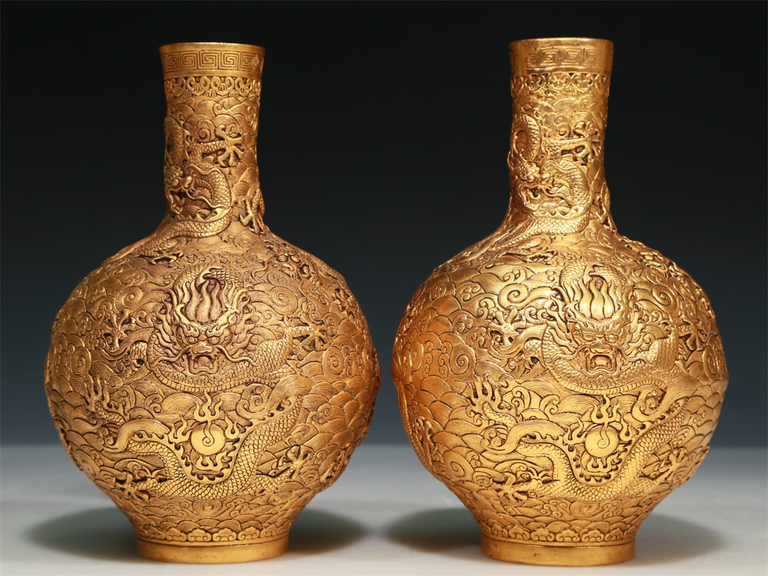 A Gorgeous Pair Of Gilt-Bronze 'Dragon& Ocean' Vases (1 of 6)