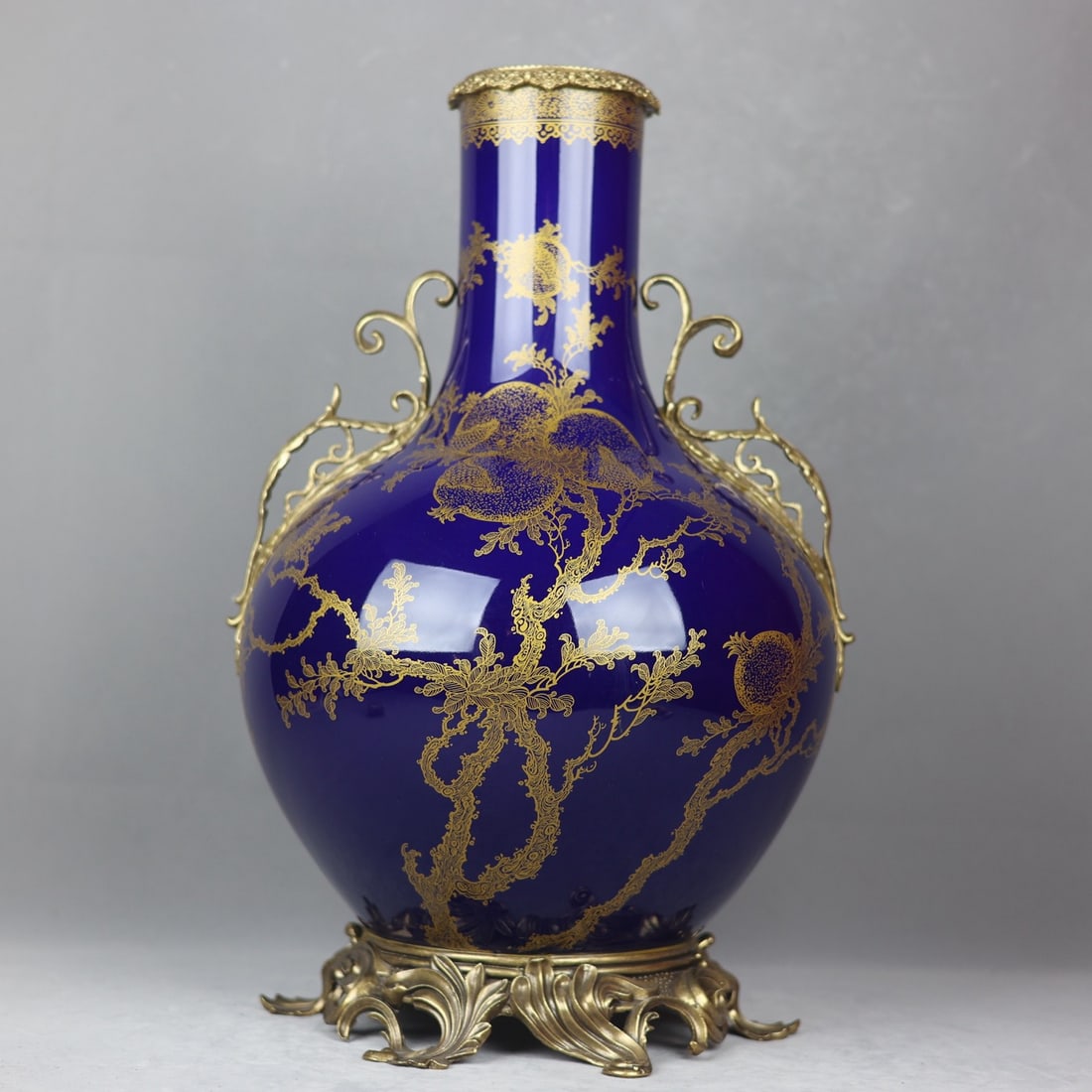 An Exquisite Ji Blue Glazed Inlaid Bronze Painted Gold Flower and Fruit Pattern Double-Ears Vase (1 of 9)