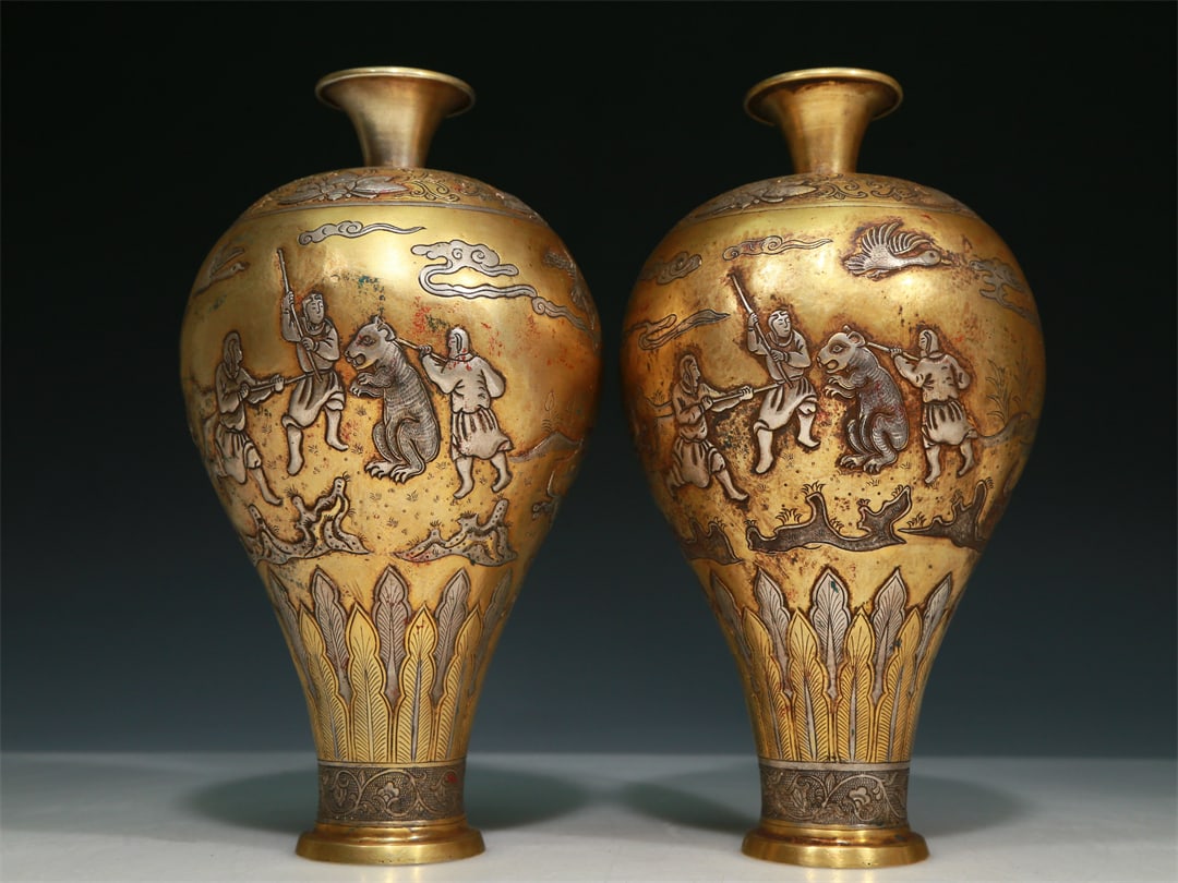 A Gorgeous Pair Of Gilt-Bronze Silver 'Hunting' Vases (1 of 7)