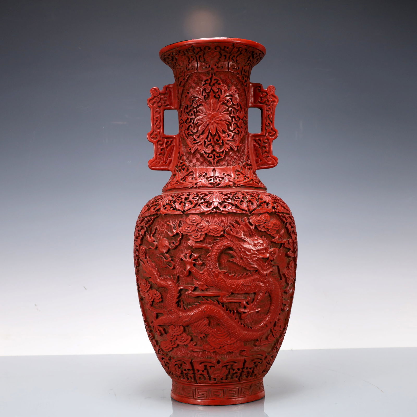 A Exquisite Carved Red Lacquer Lotus Pattern Dragon Pattern Double-Ears Vase (1 of 16)