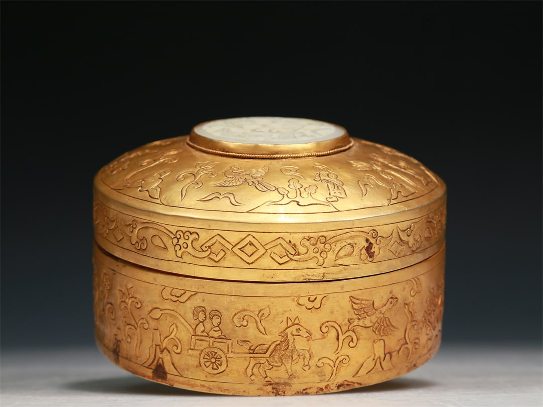 A Brilliant Gilt-Bronze White Jade-Inlaid 'Figure& Flower' Box: A Brilliant Gilt-Bronze White Jade-Inlaid 'Figure& Flower' Box. Cast with robed figures, carriages and mythical birds with detailed, fine feather incisions. Chinese Qing Dynasty. Marked. Size:12.5cmx7