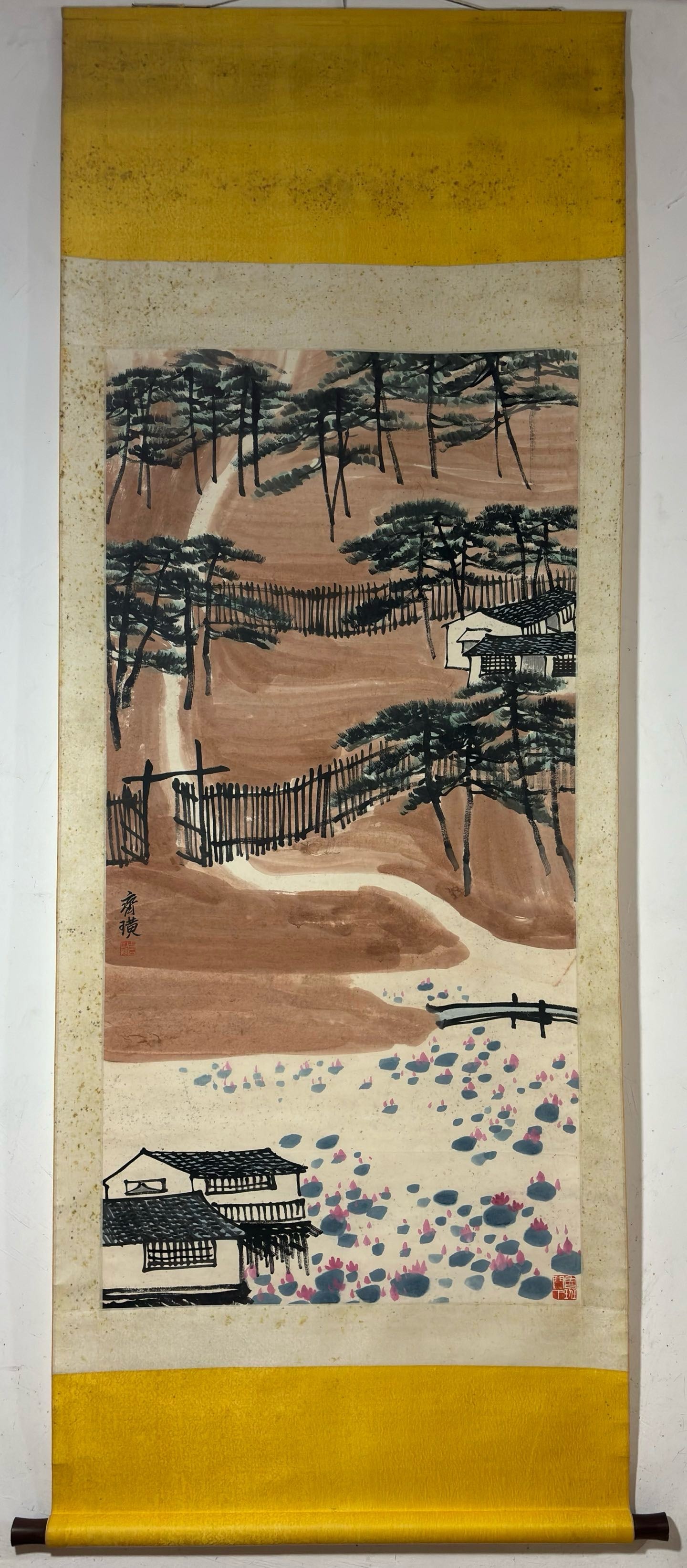 A Chinese Vertical Scroll Ink Painting of Landscape on Paper (1 of 9)