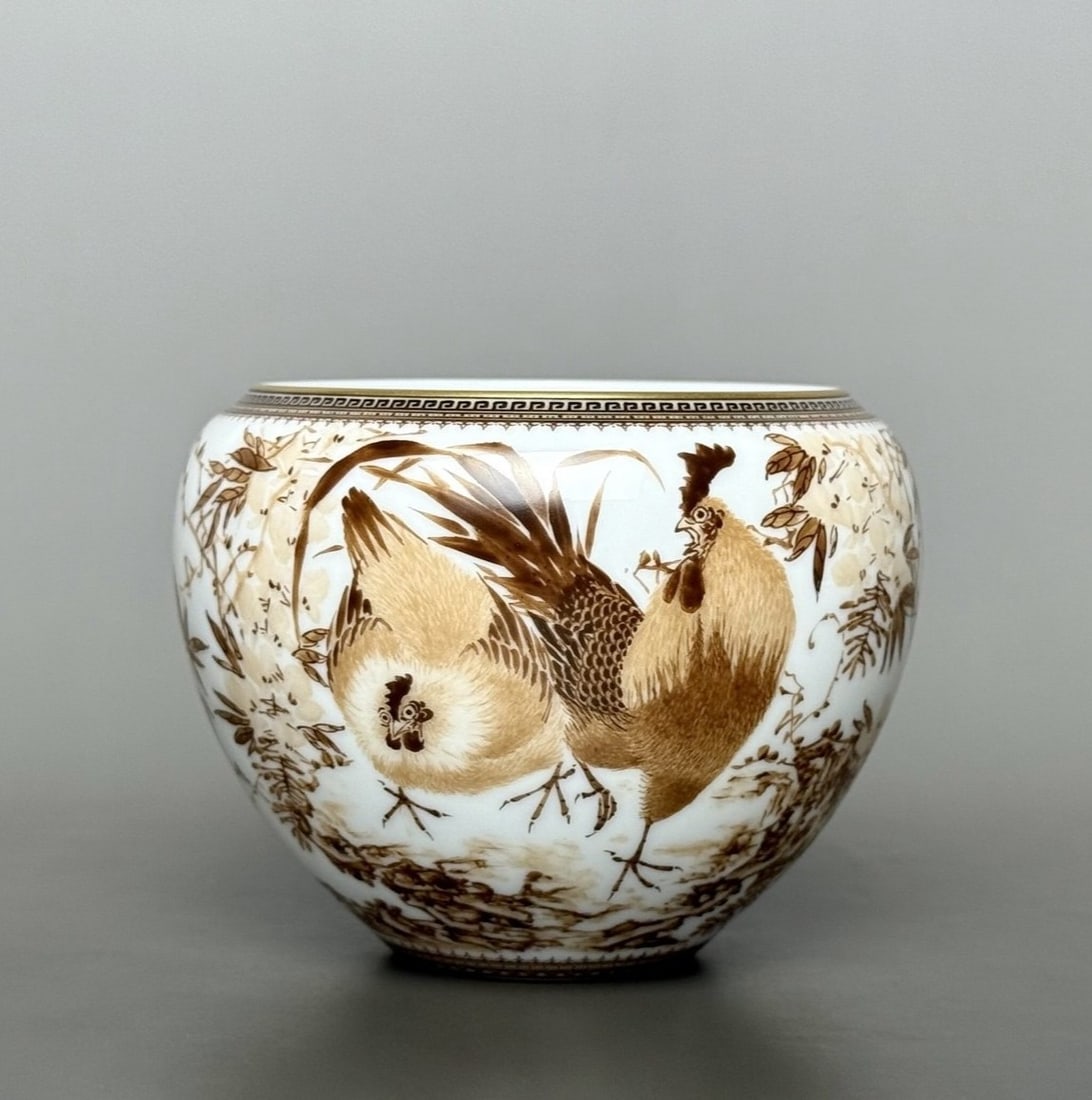 An Exquisite Ink Color Painted Gold Rooster Pattern with poem Brush Washer (1 of 8)