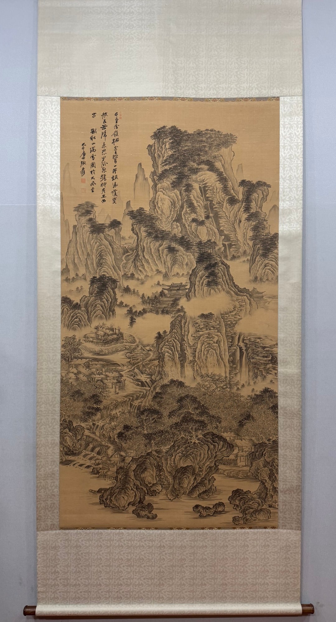 A Chinese Vertical Scroll Ink Painting of Landscape on Silk (1 of 9)