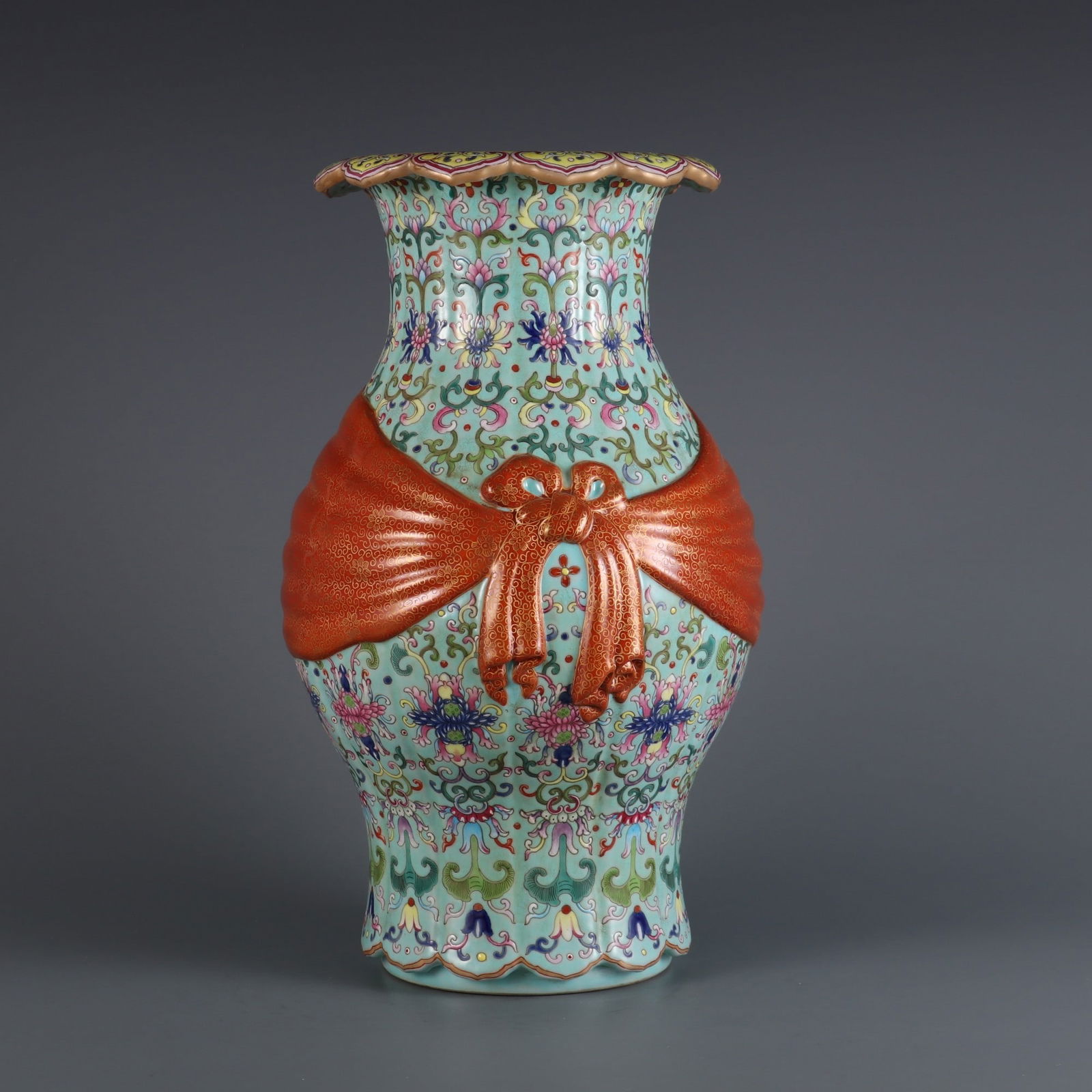 An Exquisite Famille-Rose Green Ground Lotus Pattern Vase (1 of 9)