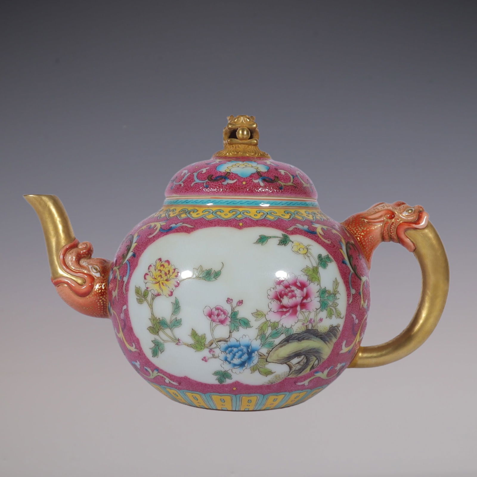 An Exquisite Famille-Rose Ruby Red-Glazed Lotus Pattern Flower and Butterfly Pattern Teapot (1 of 8)