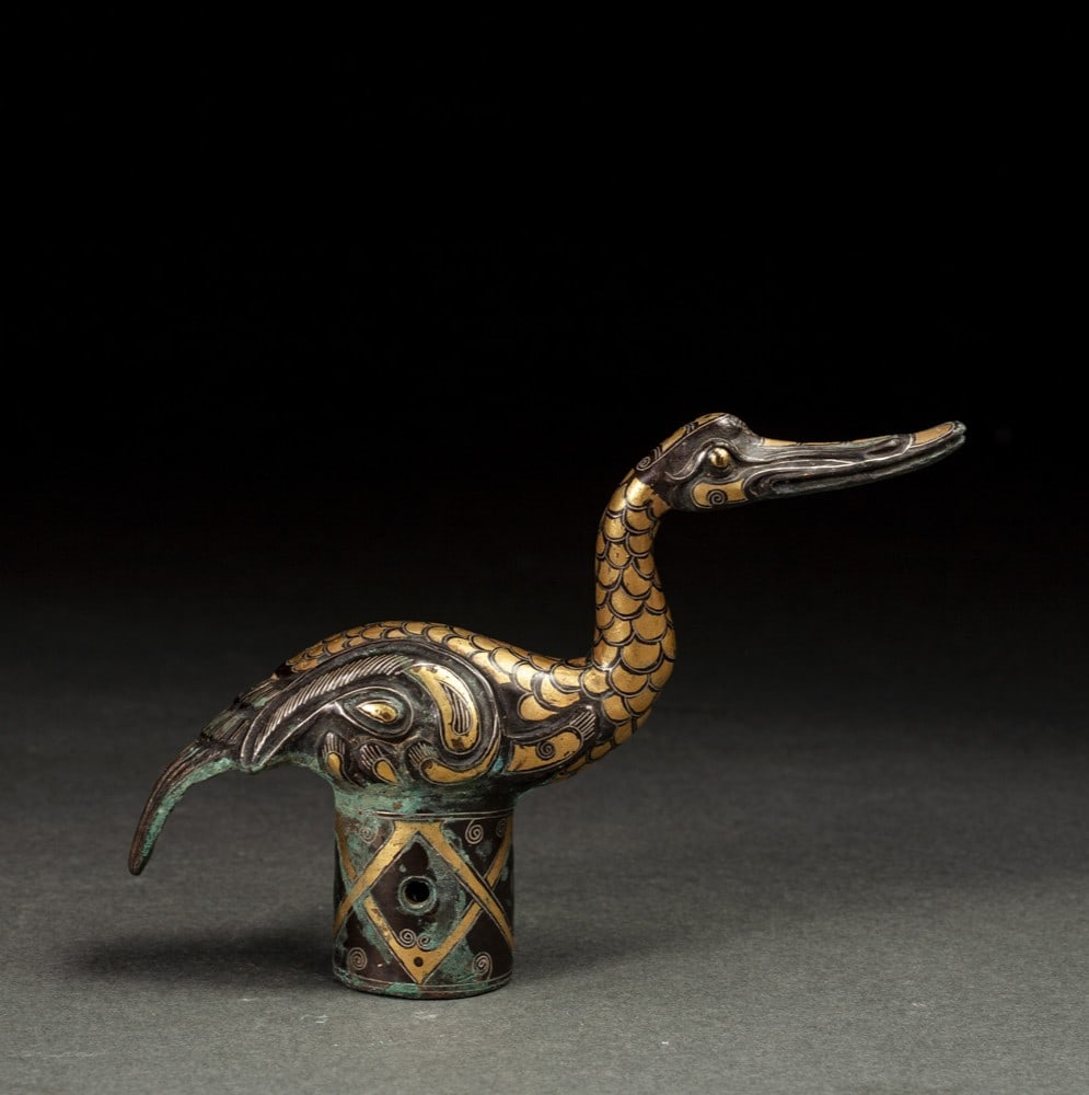 An Exquisite Bronze Inlaid Gold and Silver Crane-Shaped Ornament (1 of 5)