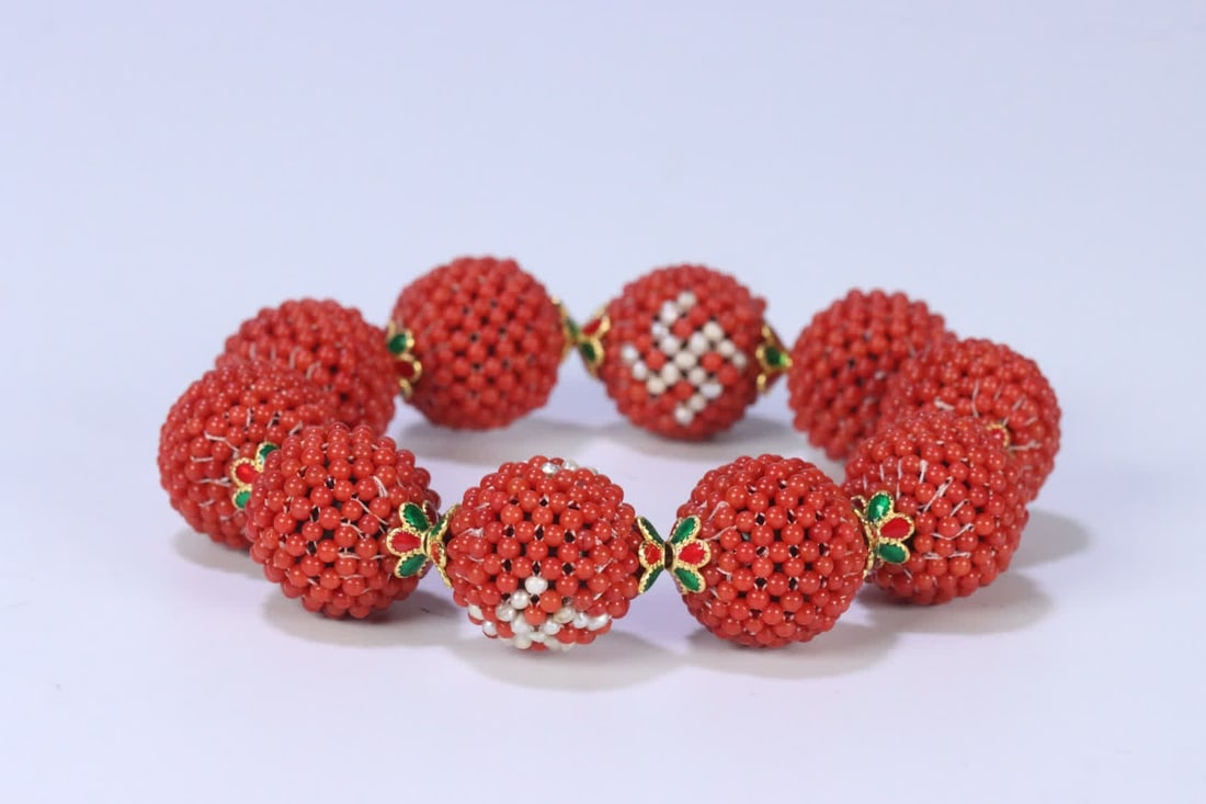 A late Qing coral pearl rice bead wrapped agarwood bracelet (1 of 9)