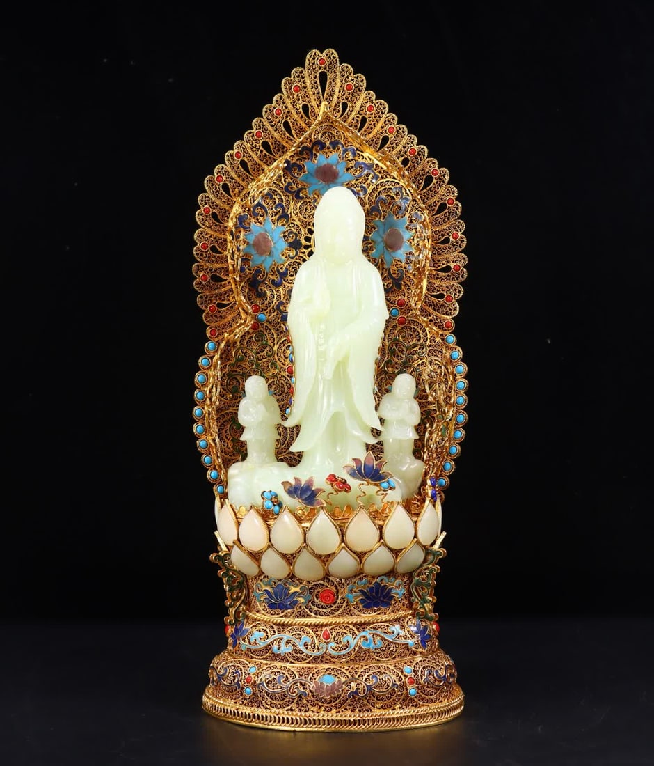 A Qing Dynasty filigree gilt inlaid with Hetian jade boy Guanyin: Qing Dynasty filigree gilt inlaid with Hetian jade boy Guanyin SIZE: H:40cm L:16cm W:10cm W:1913g (The Dimensions Of All Batches Are Manually Measured.If You Need More Detailed Information, Please Con