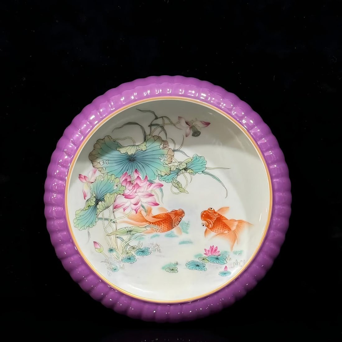 A piece of Yongzheng year of the Qing Dynasty, eggplant skin purple glaze, lotus pond goldfish koi, (1 of 5)