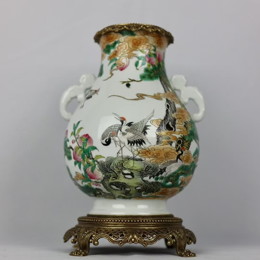 A copper-inlaid porcelain "pastel" pine crane longevity pattern inlaid with copper ruyi ear blessing (1 of 9)