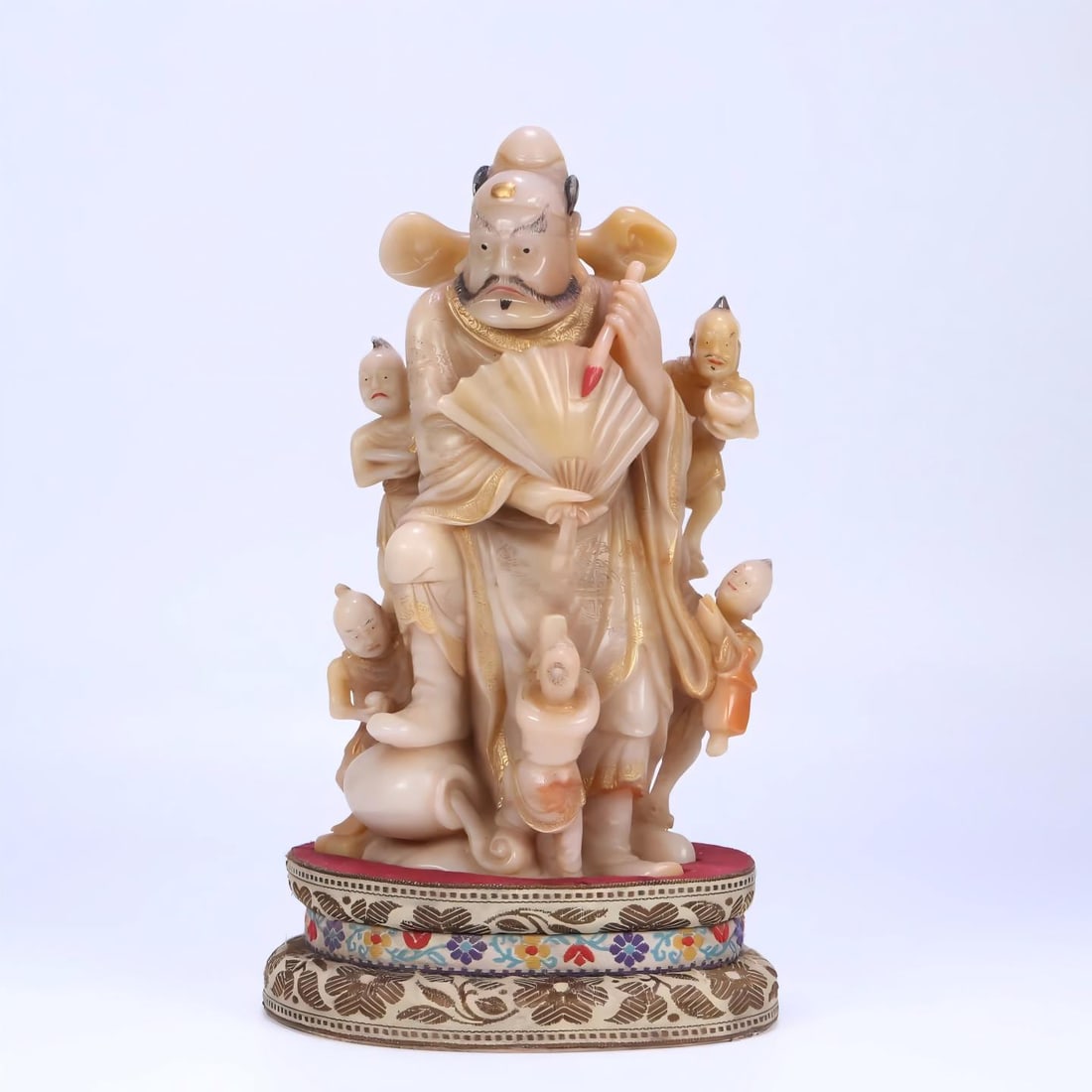 A Qing Dynasty jade Xuan model Fujian Shoushan stone painted "Five Sons Dengke" ornament: Qing Dynasty Yuxuan model Fujian Shoushan stone painted "Five Sons Dengke" ornament SIZE: 23x13x9cm W:2053g (The Dimensions Of All Batches Are Manually Measured.If You Need More Detailed Information,