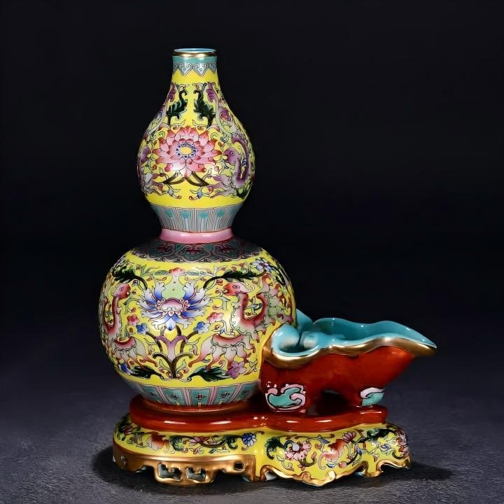 A Qing Qianlong yellow pastel flower picture phoenix pattern gourd bottle: Qing Qianlong yellow pastel flower picture phoenix pattern gourd bottle SIZE: H:21cm W:16cm (The Dimensions Of All Batches Are Manually Measured.If You Need More Detailed Information, Please Contact O