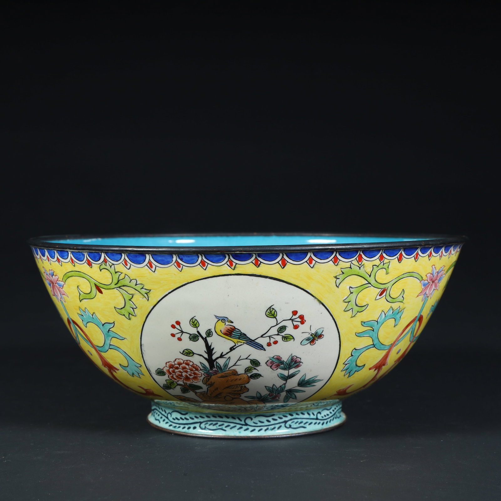 A Qing Dynasty copper tire painting enamel yellow consecrated flower and bird pattern bowl (1 of 8)