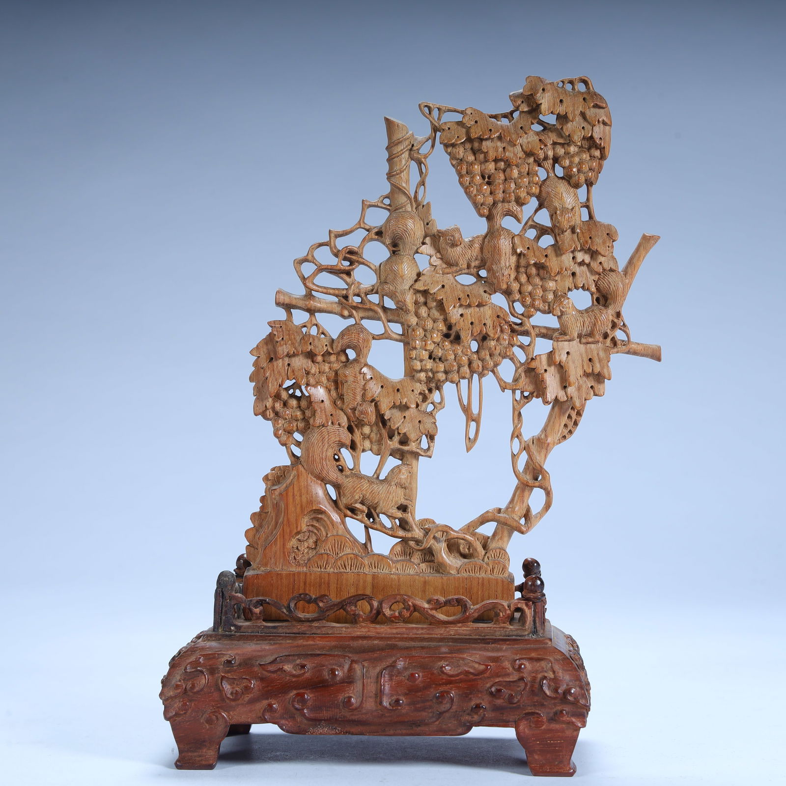 A Qing Dynasty Huanghuali carved squirrel grape pattern ornament (1 of 10)