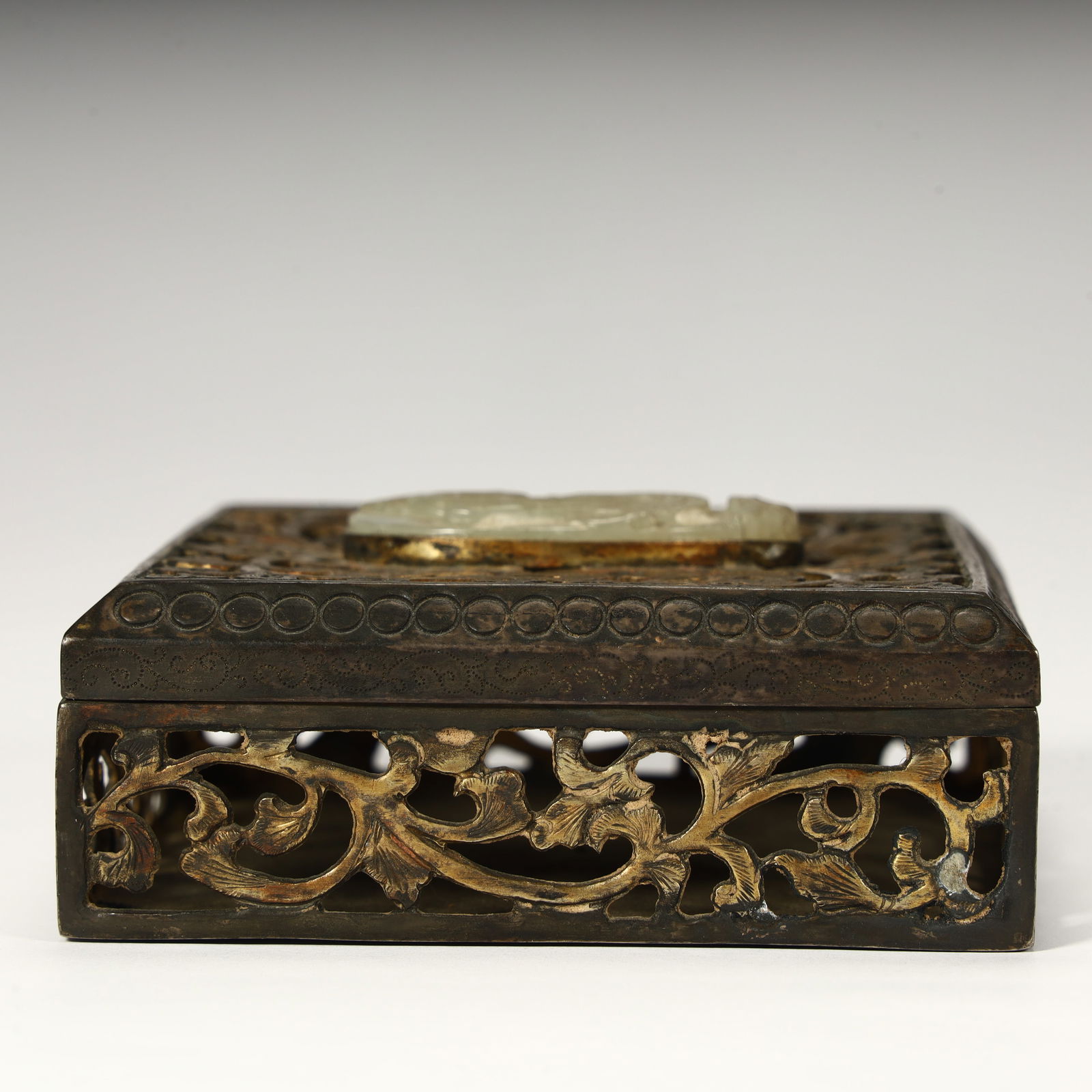 A Ming Dynasty silver-gilt inlaid jade incense box (1 of 8)