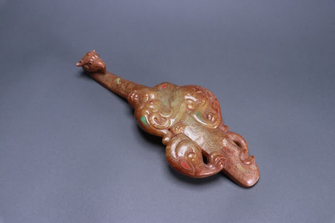 A piece of ancient jade inlaid with gold and silver wire inscriptions with hooks (1 of 9)