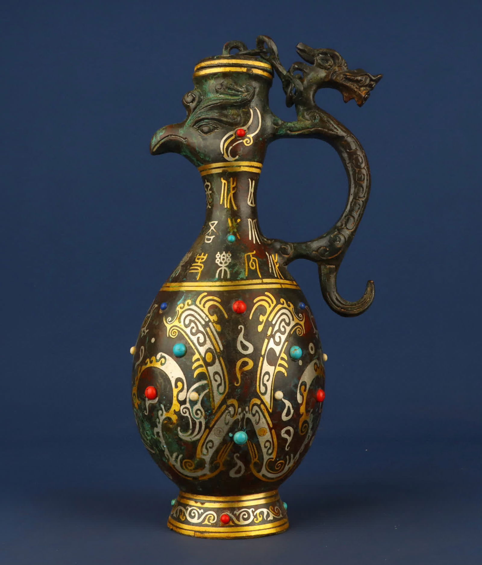 A Han Dynasty_Bronze Cuo gold and silver inlaid with multi-gemstone dragon and phoenix pots (1 of 9)