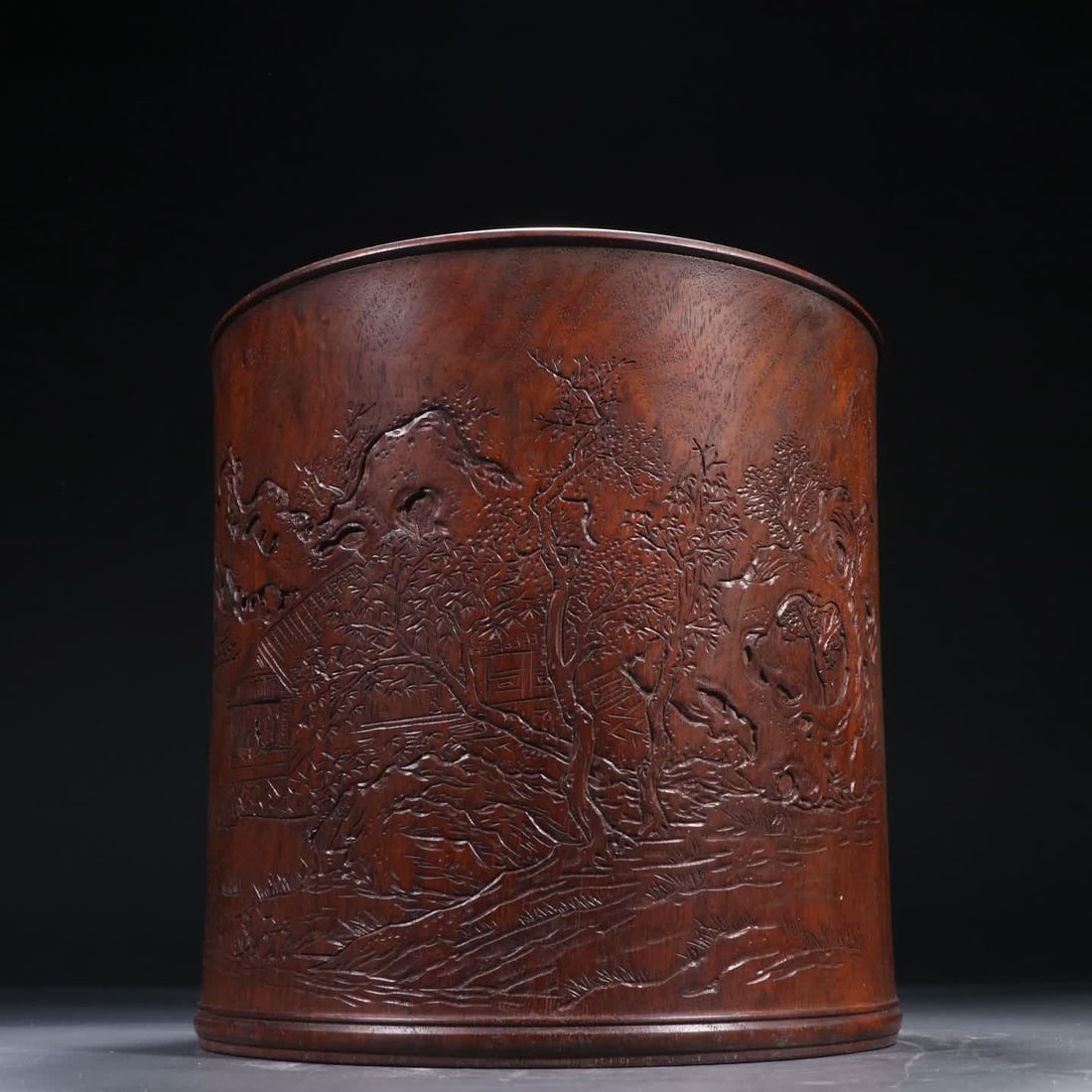 A Qing Dynasty Huanghuali carved landscape map pen holder: Qing Dynasty Huanghuali carved landscape map pen holder SIZE: H:21cm W:21cm W:1766.8g (The Dimensions Of All Batches Are Manually Measured.If You Need More Detailed Information, Please Contact Our Cus