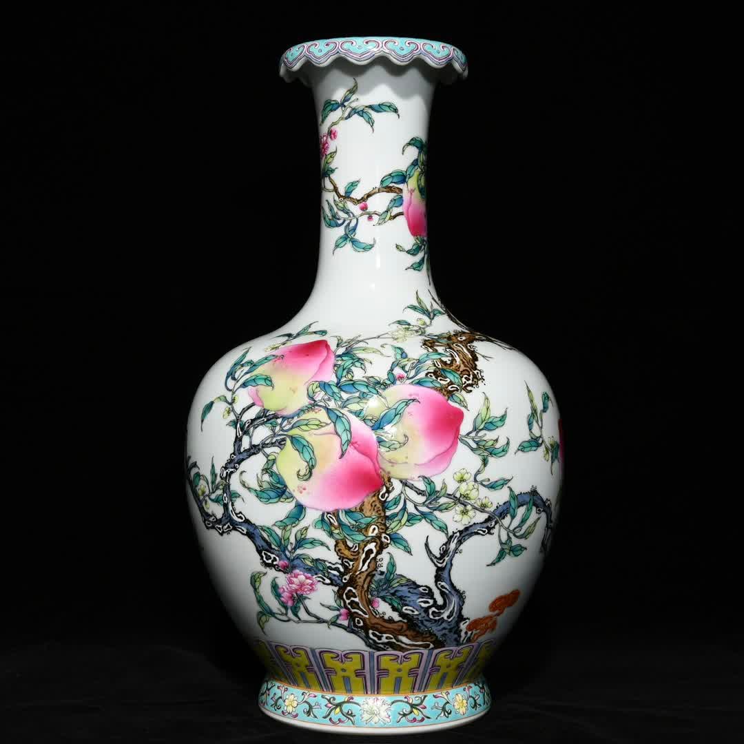 A Qing Yongzheng pastel Fushou pattern reverse mouth bottle: Qing Yongzheng pastel Fushou pattern reverse mouth bottle SIZE: H:41.5cm D:23.5cm (The Dimensions Of All Batches Are Manually Measured.If You Need More Detailed Information, Please Contact Our Custome