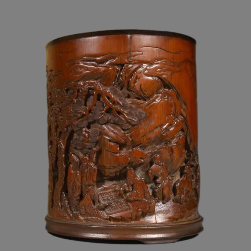 A Qing Dynasty bamboo carving landscape map, landscape figure picture, story pen holder: Qing Dynasty bamboo carving landscape picture, landscape character picture, story pen holder SIZE: L:13.2cm W:12.8cm H:15.7cm W:583g (The Dimensions Of All Batches Are Manually Measured.If You Need Mo
