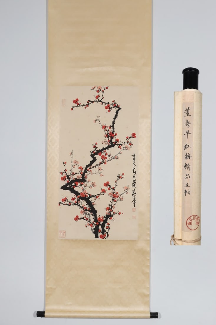 A picture of Dong Shouping's red plum blossoms: Dong Shouping's red plum picture SIZE: Core: 88.2x45.7cm (The Dimensions Of All Batches Are Manually Measured.If You Need More Detailed Information, Please Contact Our Customer Service Before Bidding.