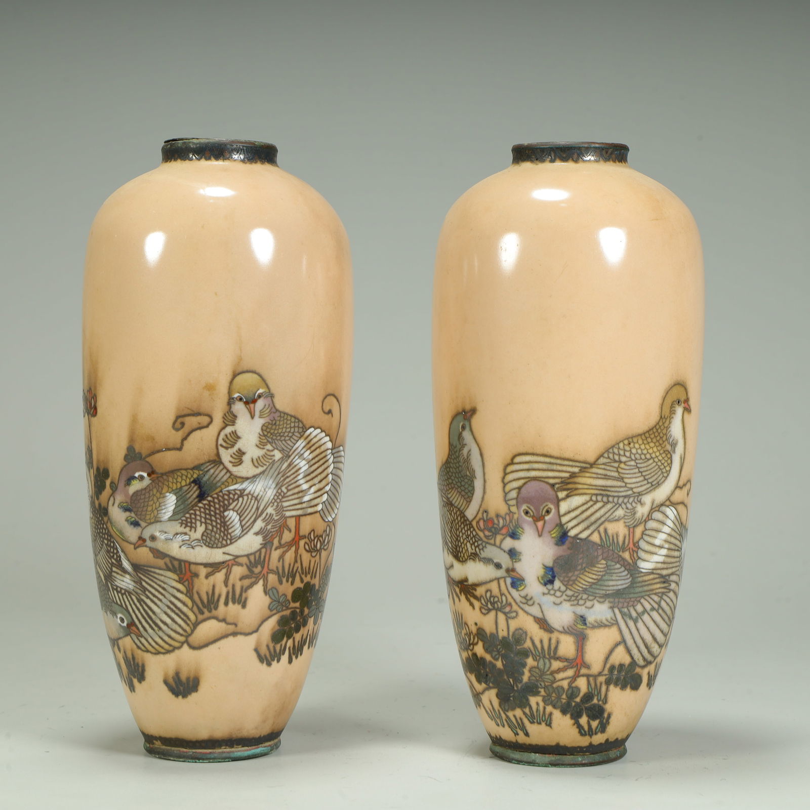 A pair of cloisonné and dove-patterned bottles: Shippo ware and dove-patterned bottles SIZE: H:18cm L:8cm W:8cm W:0.6kg (The Dimensions Of All Batches Are Manually Measured.If You Need More Detailed Information, Please Contact Our Customer Service