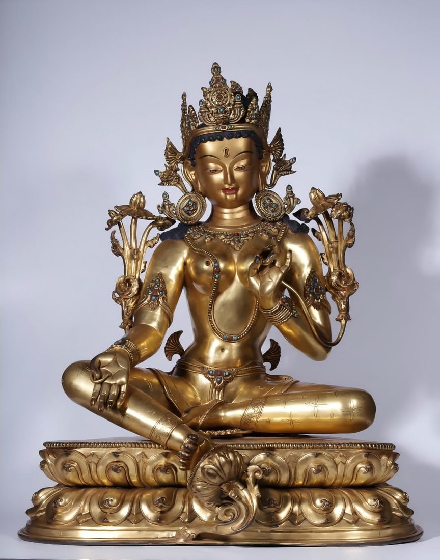 A seated statue of Tara in copper-gilt gold inlaid in the Qing Dynasty (1 of 10)