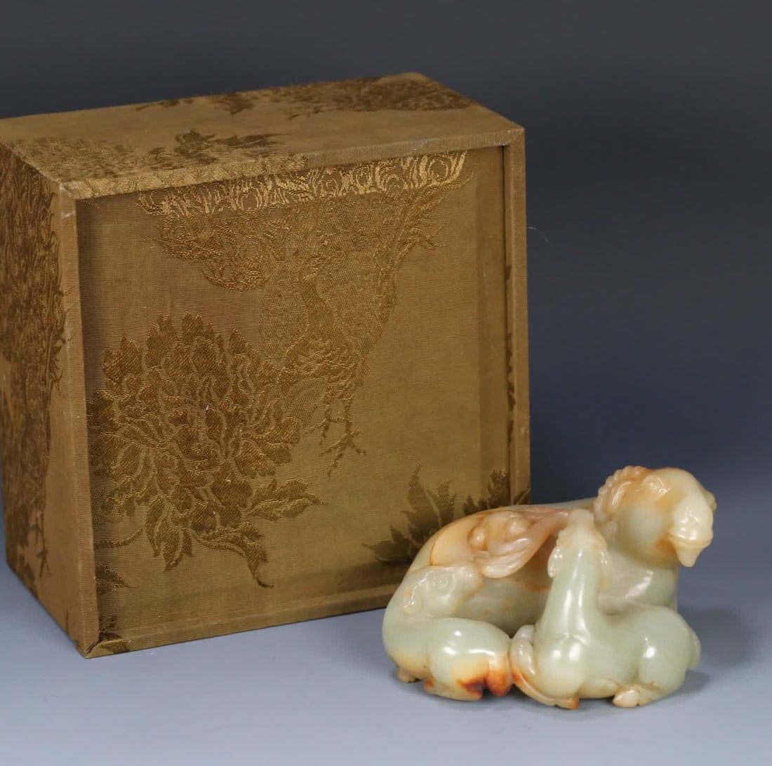 A Qing Dynasty Hetian jade three sheep Kaitai ornament: Qing Dynasty Hetian jade three sheep Kaitai ornaments SIZE: 11.7x10x6.5cm W:680g (The Dimensions Of All Batches Are Manually Measured.If You Need More Detailed Information, Please Contact Our Customer