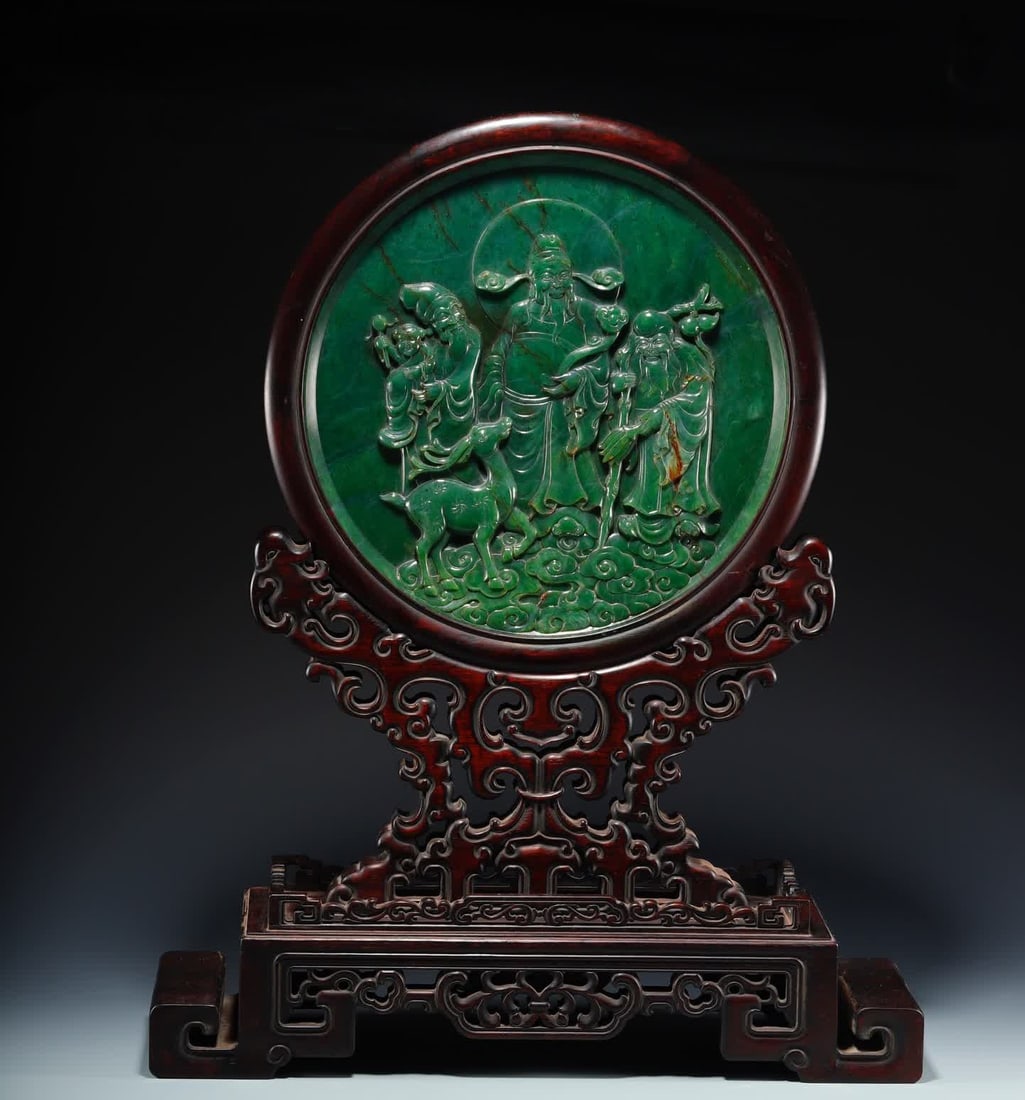 A Qing Dynasty Hetian jasper Fulu Shou three-star gold-painted poetry screen: Qing Dynasty Hetian jasper Fulu Shou three-star gold-painted poetry screen SIZE: H:45cm Jade Screen D:31.5cm Total W:5950g (The Dimensions Of All Batches Are Manually Measured.If You Need More Detaile