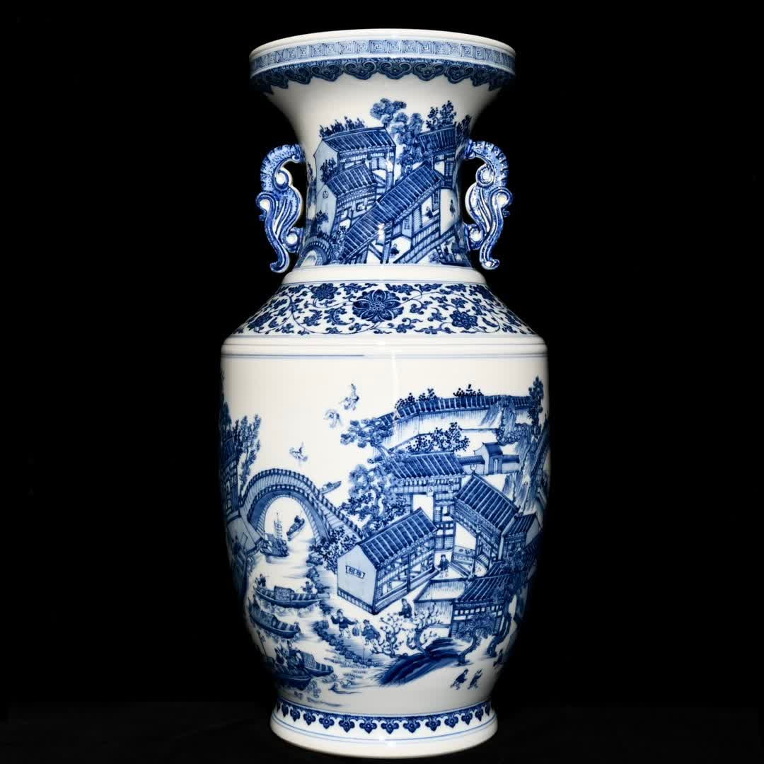 A piece of Qing Qianlong blue and white Gusu prosperous picture amphora handicap large bottle with: Qing Qianlong blue and white Gusu prosperity picture amphora handicap large bottle with supplementary pictures SIZE: H:79cm D:39cm (The Dimensions Of All Batches Are Manually Measured.If You Need More