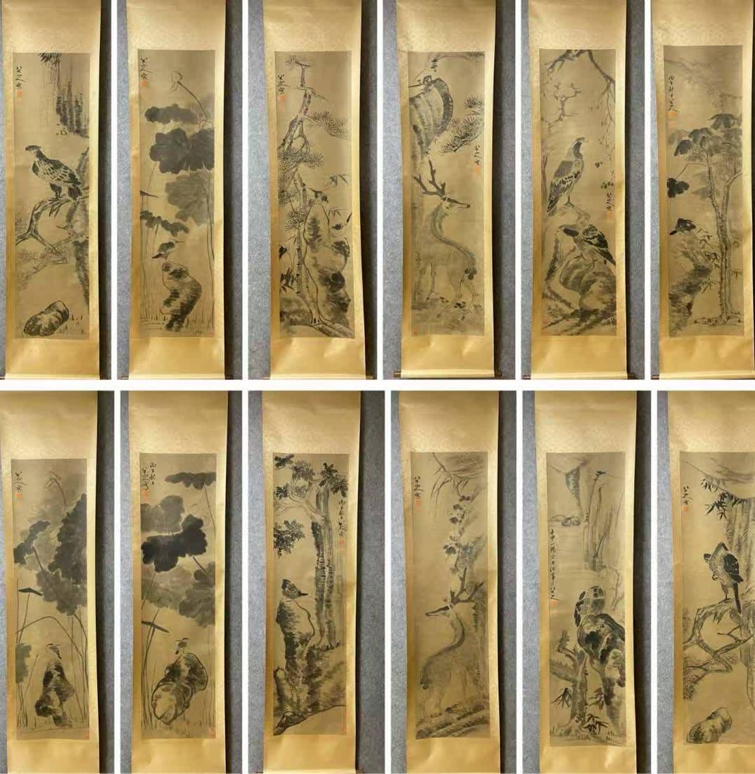 A picture of the twelve screens of the Eight Great Mountain People: The twelve screens of the eight mountain people SIZE: 179x47cm x12 (The Dimensions Of All Batches Are Manually Measured.If You Need More Detailed Information, Please Contact Our Customer Service