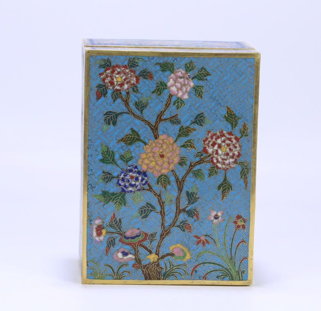 A Qing Dynasty Qianlong model cloisonné peony flower pattern rectangular lid box (1 of 9)